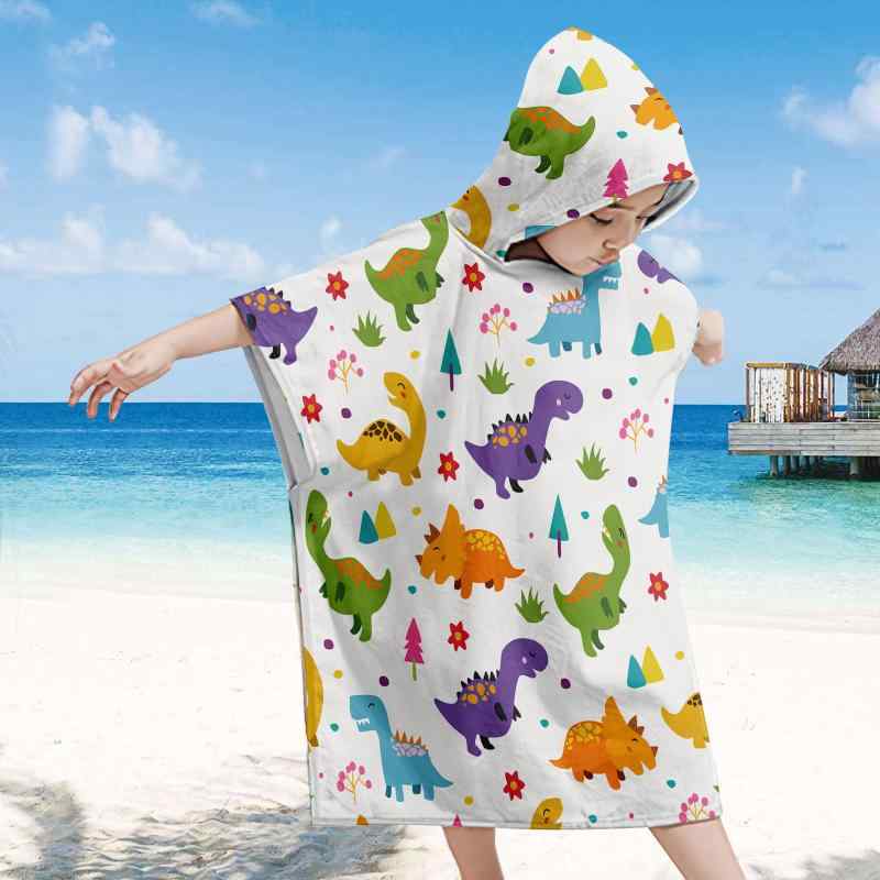 ポンチョ キッズ 子供 恐竜柄 フード付き 男の子 女の子 UVカット 日焼け対策 スイミング プール 海水浴 着替えタオル 速乾 吸水 マイクロファイバー バスローブ レジャー 春夏(x2)