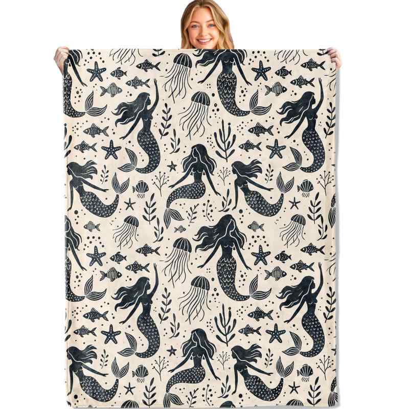 ブランケット キッズ 子供用 人魚 マーメイド フランネル ふわふわ 柔らか 軽量 快適 肌触り抜群 海 マリン レトロ アンティーク調 お昼寝 ひざ掛け ポリエステル