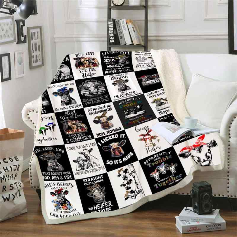 ブランケット 牛柄 カートゥーンアニマル アートプリント シャーパフリース ボア フランネル ポリエス..