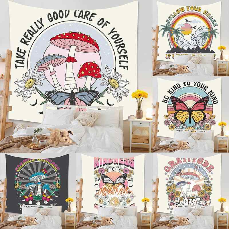 タペストリー 北欧 蝶々 キノコ柄 モーランディカラー ナチュラル 背景布 壁掛け 部屋 インテリア ポリエステル リビング 寝室 子供部屋 長方形 洗える