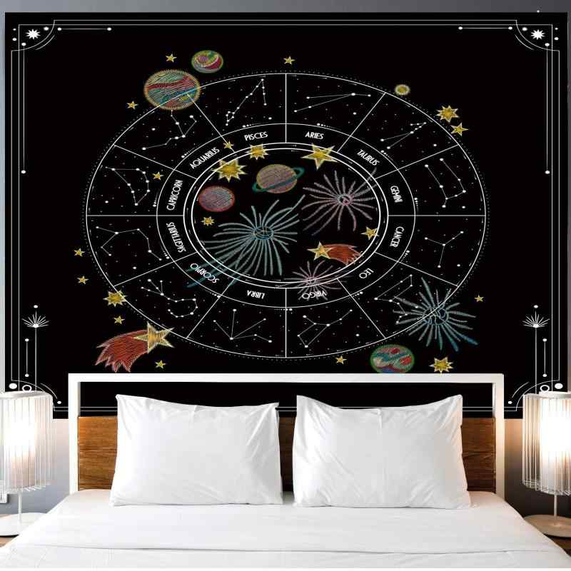 タペストリー 太陽 星 月 12星座 ボヘミアン アート タイダイ ブラック ポリエステル 装飾布 ファブリックポスター テーブルクロス リビング 寝室 北欧 インテリア 長方形