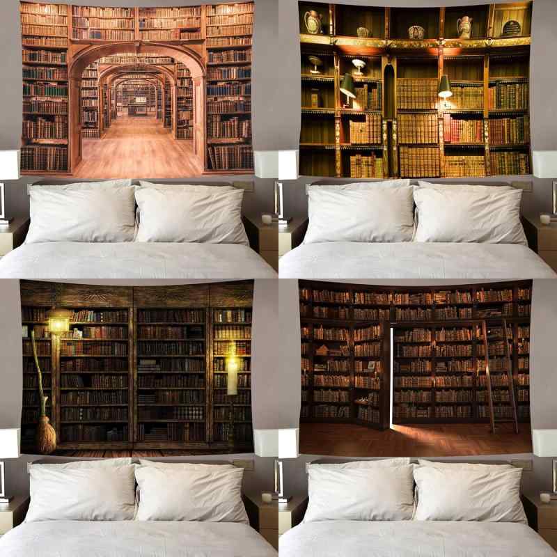 タペストリー 本棚柄 書架デザイン 北欧インテリア おしゃれ リビング 寝室 ベッドサイド 壁掛け 部屋飾り ウォールデコ ポリエステル プリント 長方形 抽象柄 幾何学模様