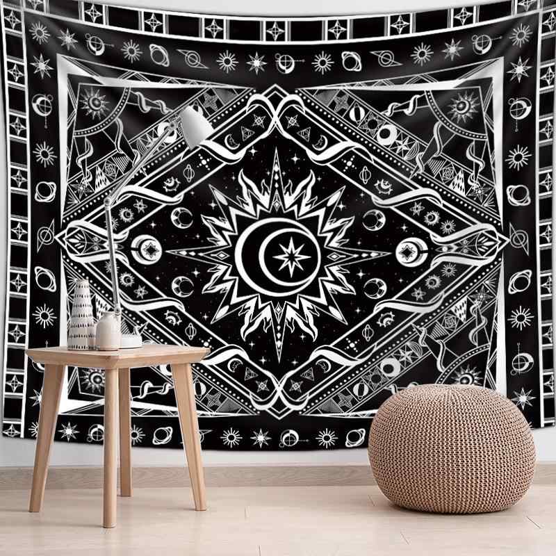 タペストリー 日月柄 モノクロ 白黒 壁掛け モダン シンプル インテリア リビング 寝室 書斎 部屋 キッチン 玄関 間仕切り 目隠し 飾り ポリエステル ウォールデコ 洗える