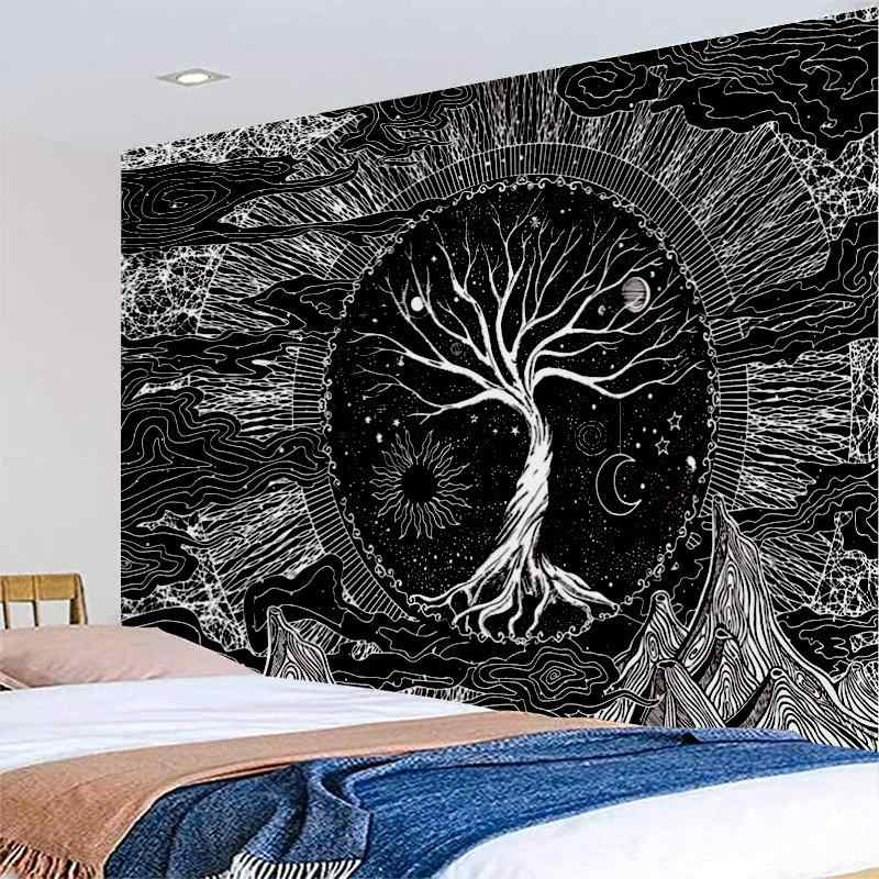 タペストリー モノクロ 生命の樹 クラシック インテリア 装飾布 部屋飾り リビング 寝室 ベッドサイド 背景布 ライブ配信 ポリエステル 長方形 シンプル