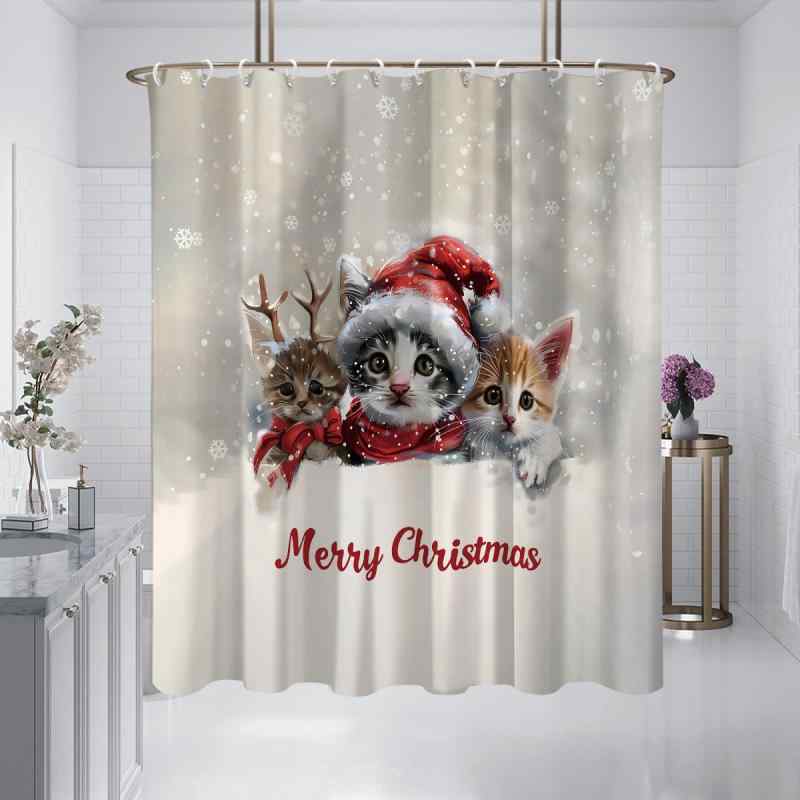 シャワーカーテン クリスマス 猫柄 かわいい アメリカンデザイン 厚手 防水 撥水加工 遮光 防カビ 穴開け不要 突っ張り棒対応 浴室 バスルーム 目隠し