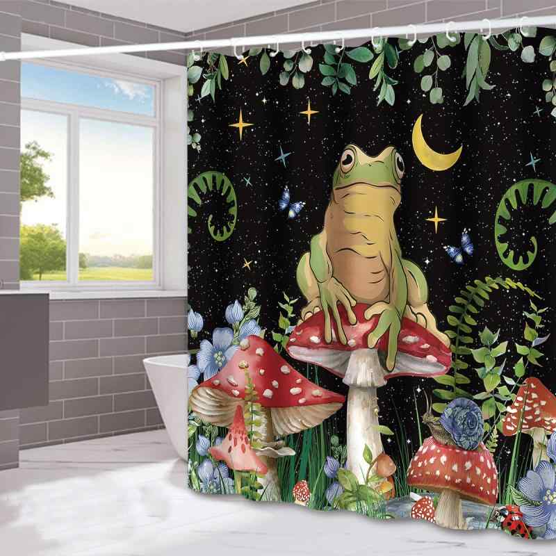 シャワーカーテン カエル キノコ 緑の葉柄 バスルーム用 浴室 間仕切り 目隠し 乾湿分離 防水 撥水 防カビ ポリエステル製 モダンデザイン おしゃれ かわいい