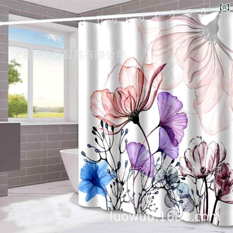 シャワーカーテン 牡丹柄 ポリエステル 防水 乾湿分離 間仕切り デジタルプリント 浴室 バスルーム 目隠し モダン シンプル 洗える 速乾 防カビ