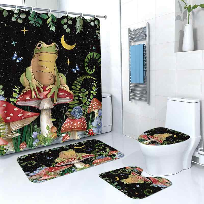 シャワーカーテン カエル キノコ柄 バスマット トイレマット 4点セット 防水 撥水 乾湿分離 おしゃれ かわいい 浴室 バスルーム 洗面所 お風呂 目隠し 間...