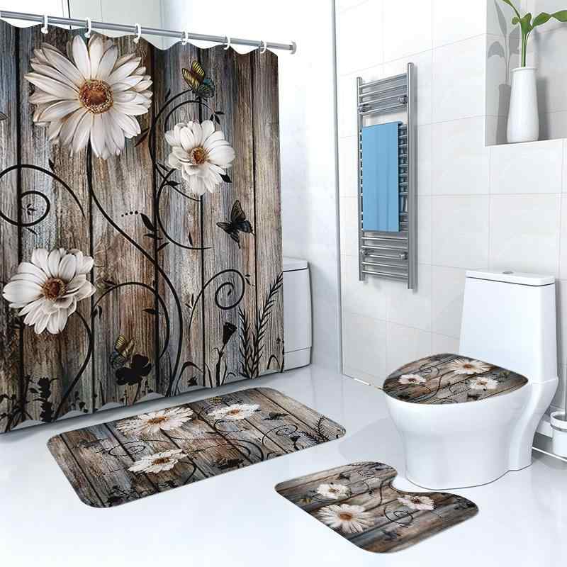 シャワーカーテン ウッド調 レトロ花柄 防水 撥水加工 乾湿分離 間仕切り 目隠し バスマット フロアマット 4点セット 洗面所 脱衣所 バス用品 ポリエステル...