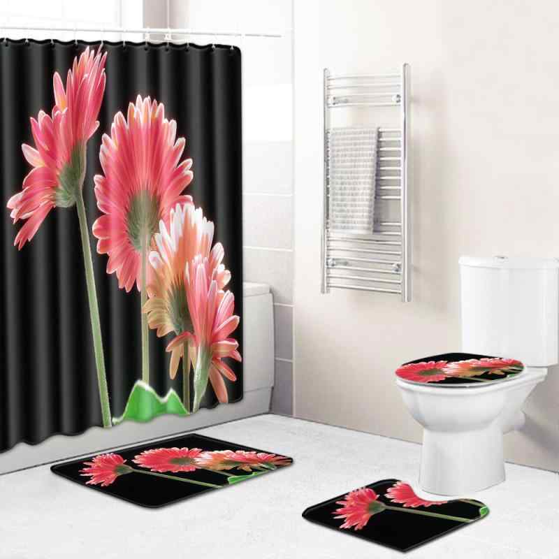 浴室マット 花柄 バスルーム 4点セット トイレマット フロアマット シャワーカーテン 丸洗い 滑り止め ポリエステル モダン シンプル