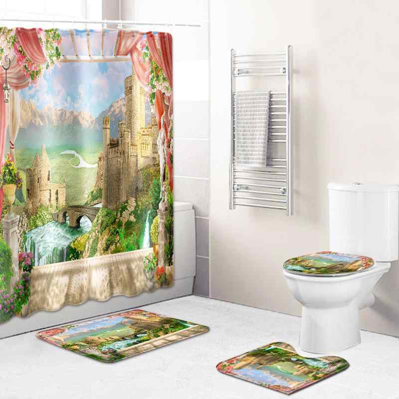 バスルームセット 撥水 シャワーカーテン 防カビ 滑り止めバスマット フロアマット 三点セット ポリエステル 速乾 浴室 洗面所 脱衣所用 おしゃれ 高級感 通年