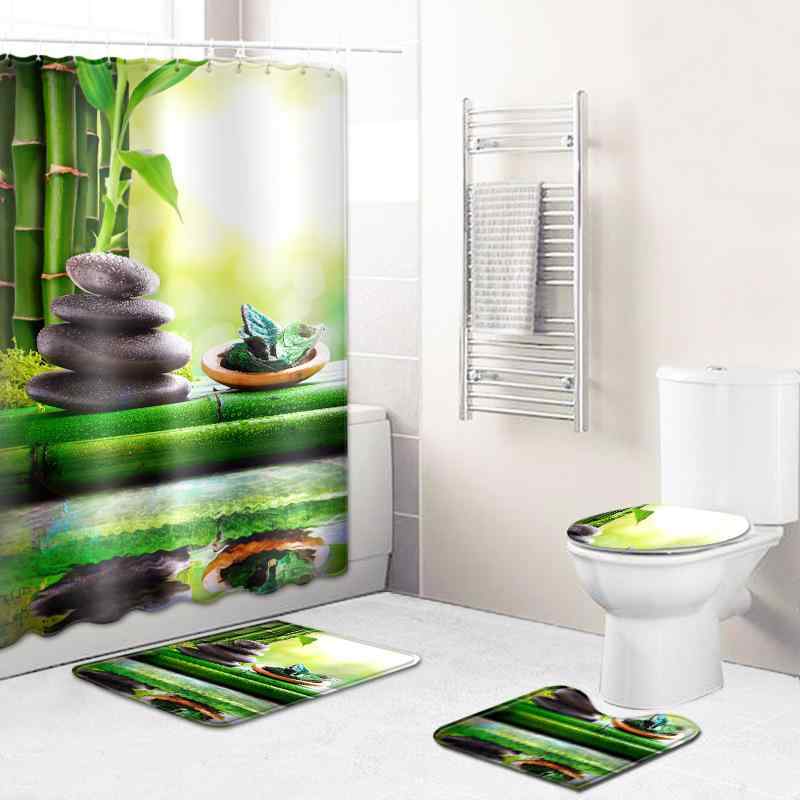 シャワーカーテン トイレマット バスマット 3点セット 高級感 モダン おしゃれ 竹柄 ボタニカル柄 防水 防カビ ポリエステル製 バスルーム インテリア