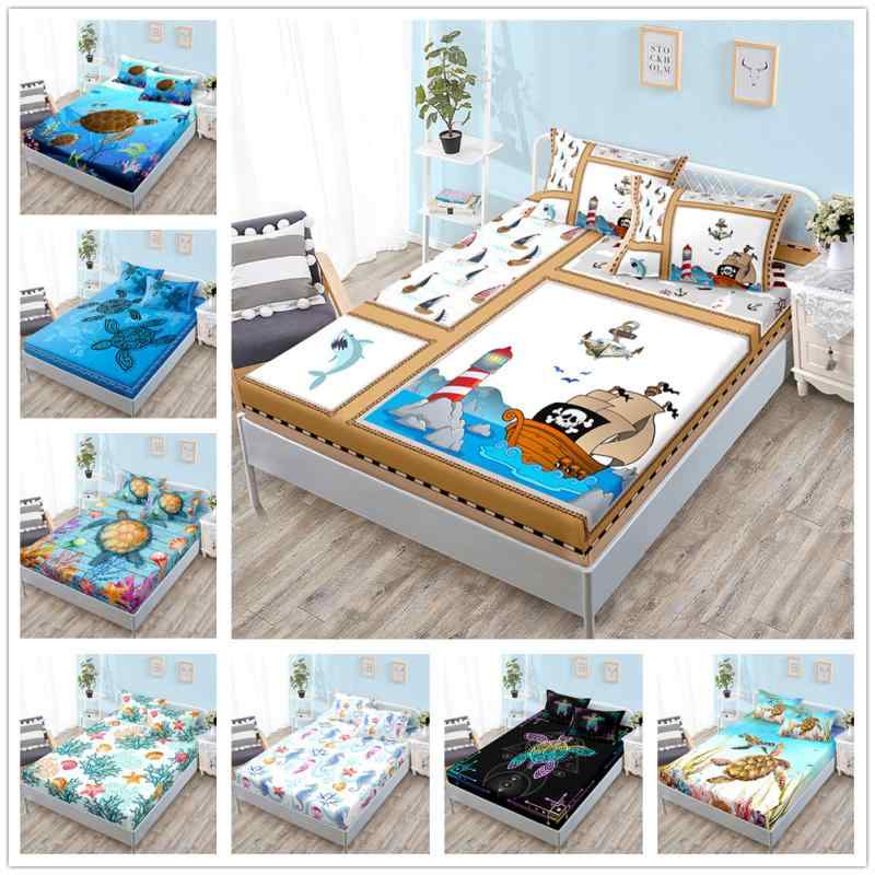 寝具カバーセット 3点セット ボックスシーツ ウミガメ マリン 青色 海底の世界 ベッドカバー マットレ..