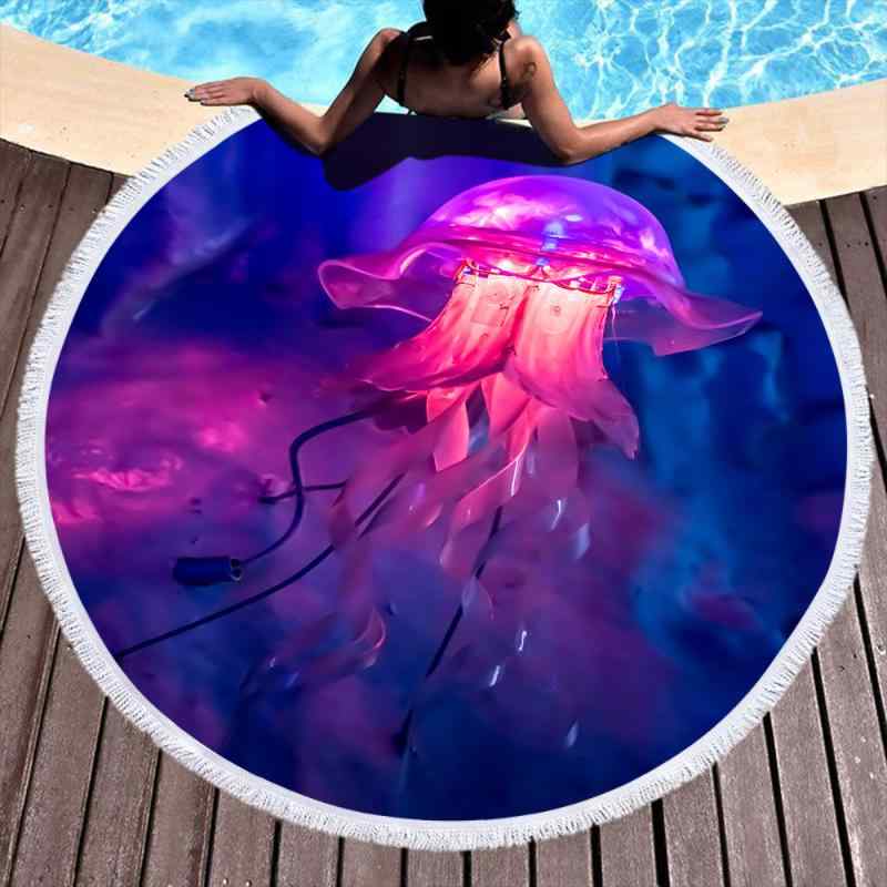 ビーチタオル ラウンド 大判 クラゲ柄 3Dデジタルプリント マイクロファイバー 吸水速乾 軽量 薄手 多..