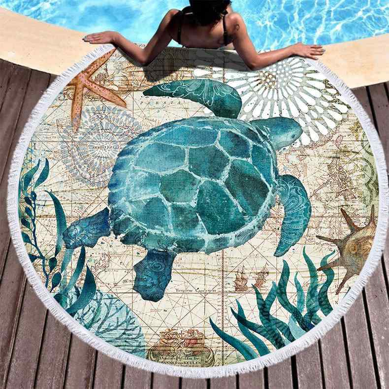 ビーチタオル 円形 マイクロファイバー 吸水 速乾 軽量 プリント 亀柄 ショール サマーブランケット ビ..