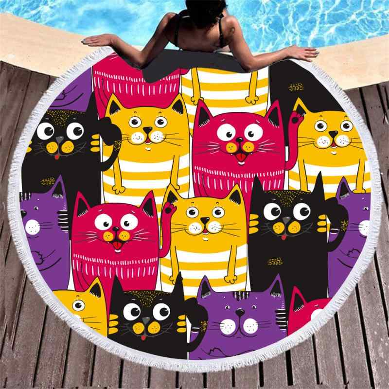 ビーチタオル 大判 バスタオル 円形 猫 犬 フェイス柄 3Dデジタルプリント マイクロファイバー ポリエ..