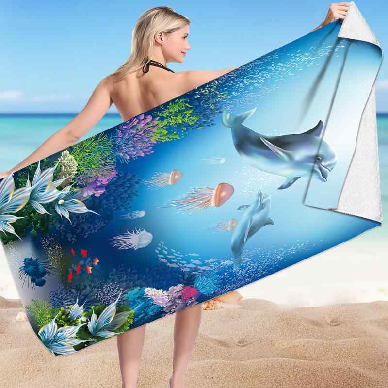 ビーチタオル マイクロファイバー 両面パイル スクエア イルカ柄 プリント 吸水速乾 大判 軽量 海水浴 ..