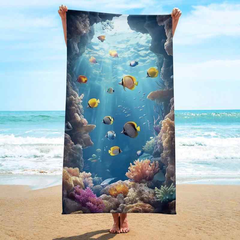 ビーチタオル 超細繊維 マイクロファイバー 正方形 吸水 速乾 軽量 大判 ショール ラップ マリン柄 春夏 海水浴 プール 旅行 アウトドア(x2)