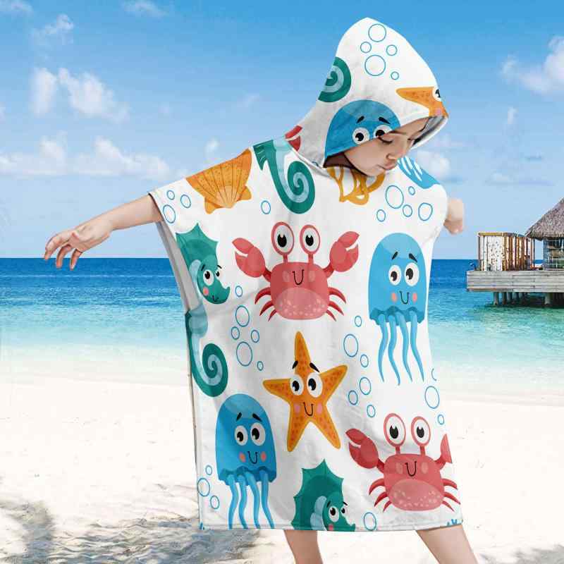 ポンチョ キッズ 子供 男の子 女の子 マイクロファイバー フード付き ヒトデ柄 プリント ビーチ プール スイミング 海水浴 着替え バスタオル ラップタオル UVカット 日焼け防止 バスローブ