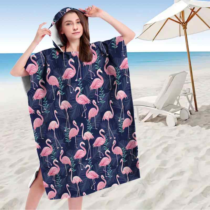 お着替えポンチョ フード付き マイクロファイバー 吸水速乾 ビーチタオル バスタオル フラミンゴ柄 軽量 柔らかい肌触り プール 海水浴 マリンスポーツ アウトドア 大人用 男女兼用 春夏(x2)(3)
