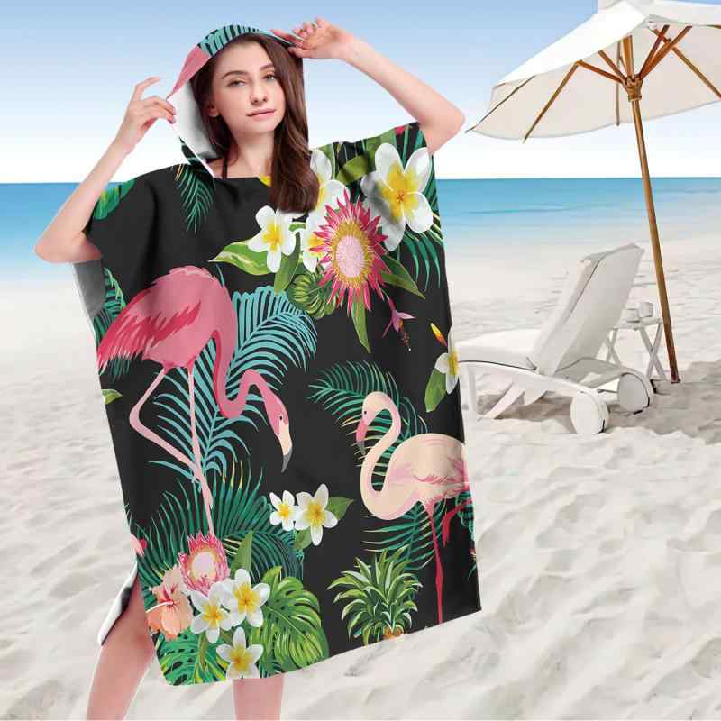 ビーチタオル フード付き ポンチョ 着るタイプ お着替え マイクロファイバー 厚手 吸水速乾 大判 フラミンゴ柄 プリント 海水浴 プール レジャー アウトドア(x2)