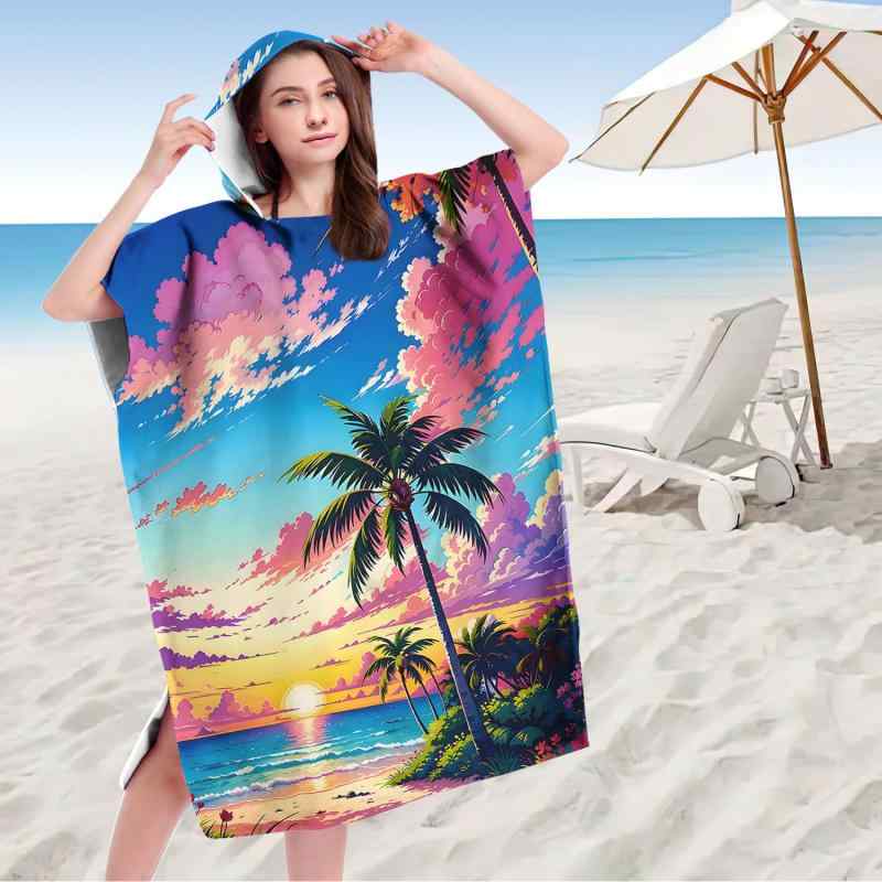 ポンチョ 大人用 フード付き 着るバスタオル ビーチお着替えローブ 吸水速乾 マイクロファイバー ヤシの木柄 夏 プール 海水浴(x2)