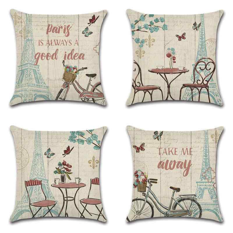 クッションカバー リネン素材 エッフェル塔 パリ風景 自転車柄 イラストデザイン 北欧風 おしゃれ リビ..