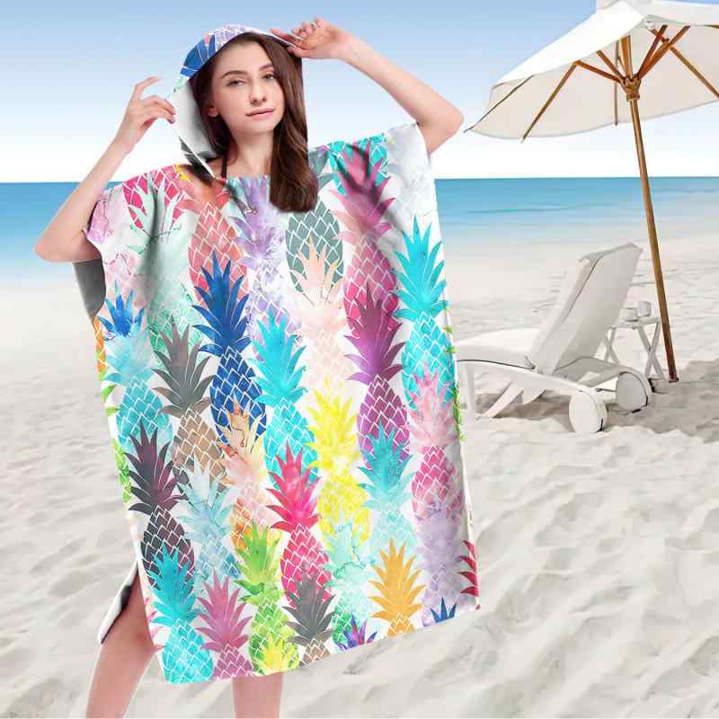 タオルケット 着替えポンチョ フード付き マイクロファイバー 吸水速乾 プリント フルーツ柄 バスロー..