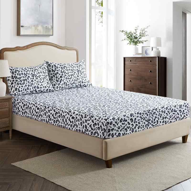 ベッドシーツ ボックスシーツ ホワイト グレー ヒョウ柄 アニマル柄 3Dプリント ポリエステル ベッドカ..