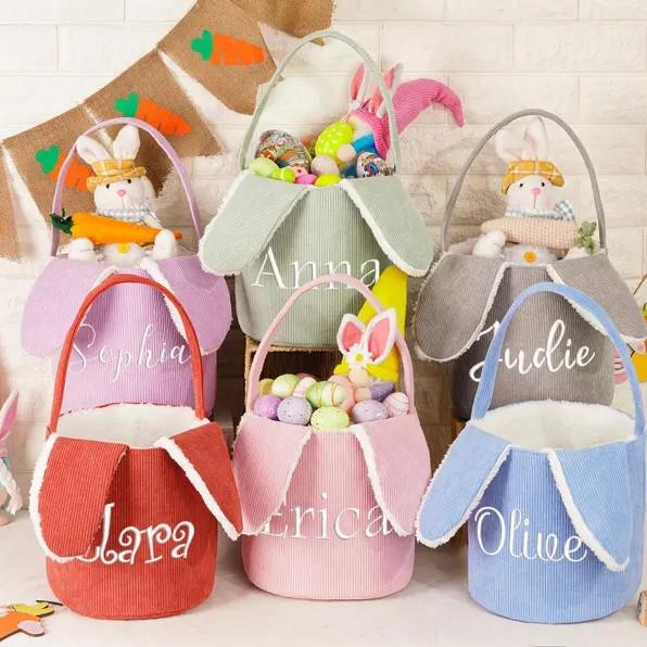 イースターバスケット アルファベット 刺繍 うさ耳 コーデュロイ コットンロープ 卵入れ 小物収納 春夏..