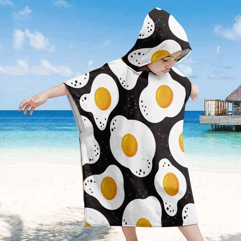 バスローブ キッズ 目玉焼き柄 フード付き ポンチョ バスタオル UVカット ビーチ プール スイミング 着..