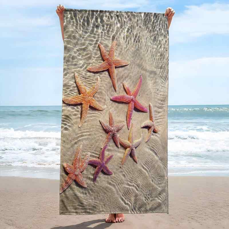 ビーチタオル マイクロファイバー 吸水速乾 大判 スクエア 長方形 ヒトデ柄 スターフィッシュ 夏 プール 海水浴 レジャー スポーツ 旅行 アウトドア バスタオル 薄手 軽量 ポリエステル製 タオル地 かわいい デザイン(x2)(3)