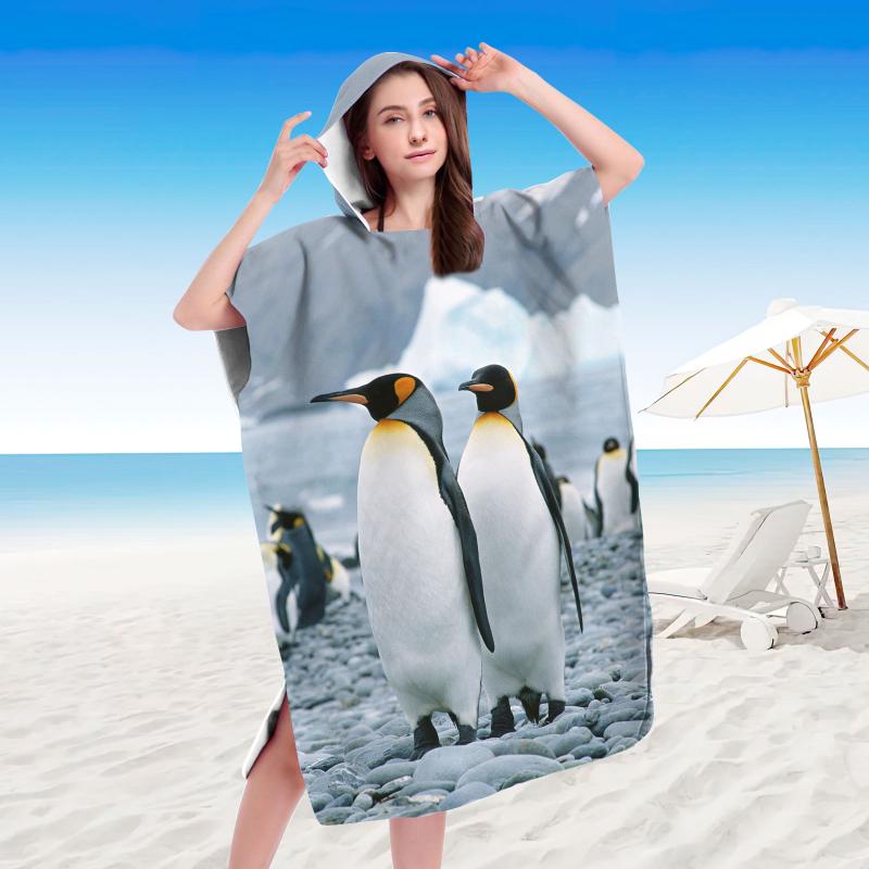 お着替えポンチョ フード付き マイクロファイバー 吸水速乾 バスタオル ビーチタオル ペンギン柄 プリ..