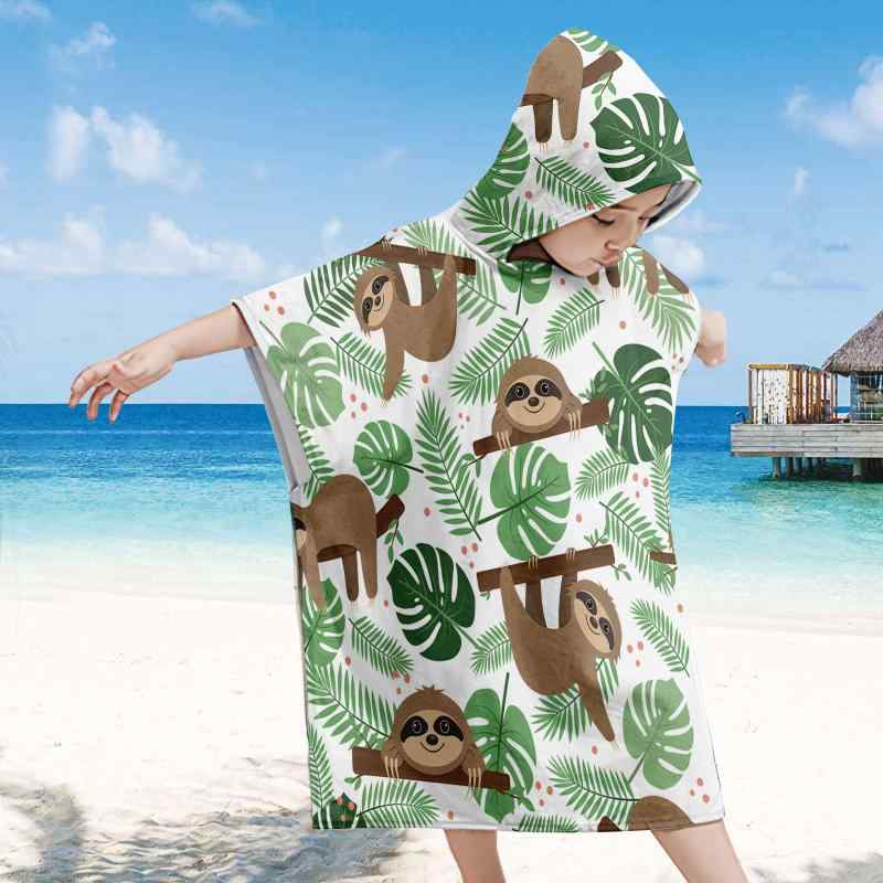 ポンチョタオル キッズ 子供 ナマケモノ フード付き かわいい アニマル柄 ビーチ プール スイミング 海水浴 着替え バスタオル バスローブ 日焼け対策 UVカット マイクロファイバー 速乾 夏(x2)
