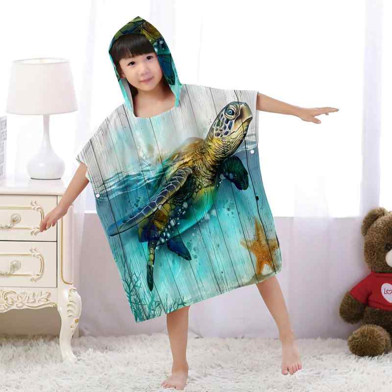 バスローブ キッズ 子供 男の子 女の子 フード付き 吸水速乾 マイクロファイバー ポンチョ型 ウミガメ柄 ビーチ プール 水泳 海水浴 着替えタオル 日よけ 防寒 スイミング(x2)(3)