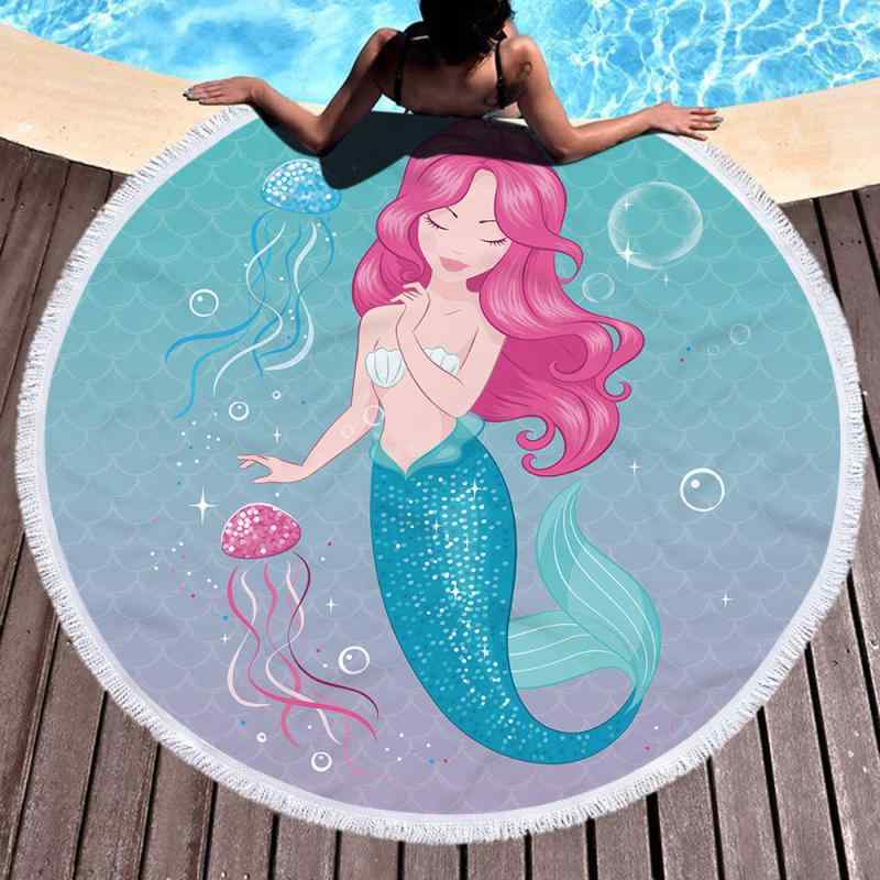 ビーチタオル 円形 マイクロファイバー 超吸収 速乾性 マーメイド柄 デジタルプリント ラウンド バスタ..