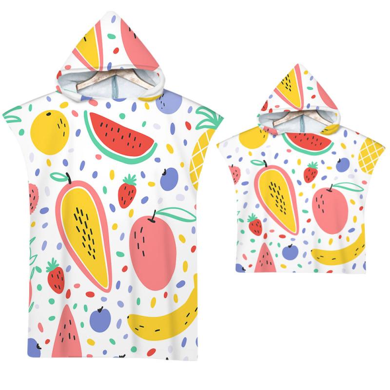 タオル フード付きポンチョ 大人 子供用 バスタオル ビーチ お着替えラップタオル マイクロファイバー 吸水速乾 プリント フルーツ柄(x2)