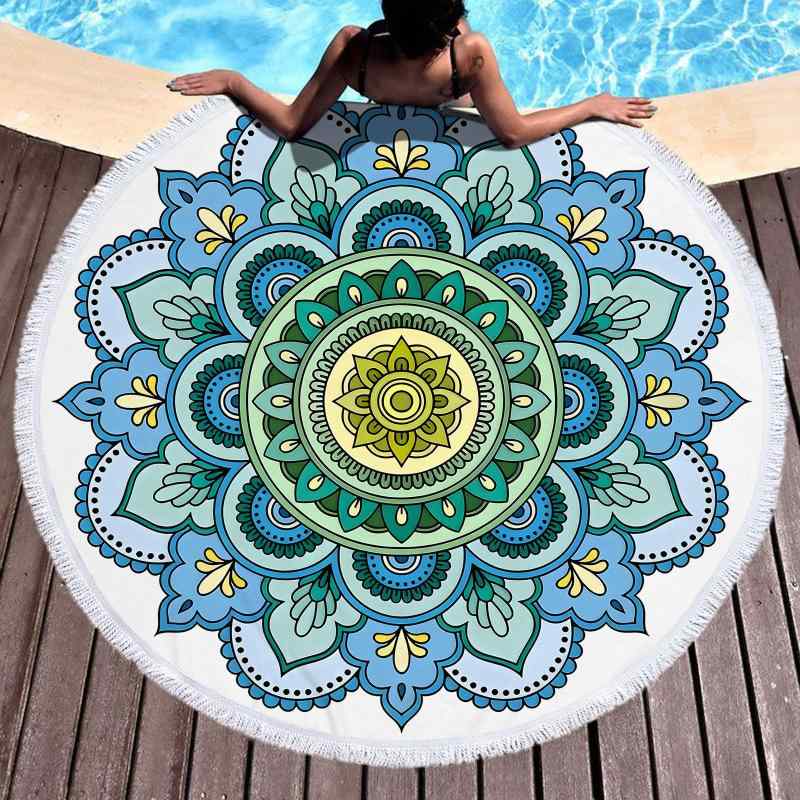 ビーチタオル 円形 丸型 ツリー幾何学柄 3Dデジタルプリント マイクロファイバー 超吸水 速乾 ショール..