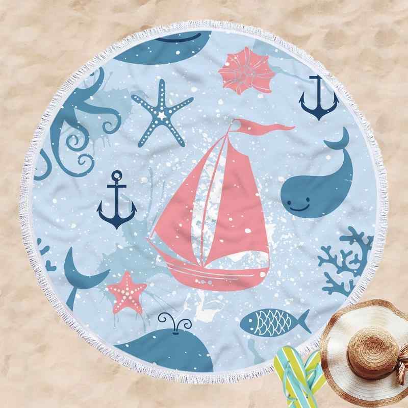 ビーチタオル 円形 マイクロファイバー 3Dプリント アンカー柄 ショール ビーチマット レジャーシート ..