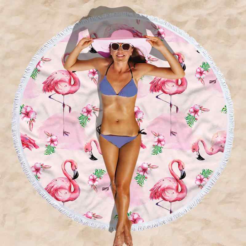 ビーチタオル 円形 丸型 フラミンゴ柄 総柄 プリント マイクロファイバー 吸水速乾 軽量 ショール ストール 羽織り ランチョンマット ビーチマット バスタオル プール 海水浴 レジャー ピクニック(x2)