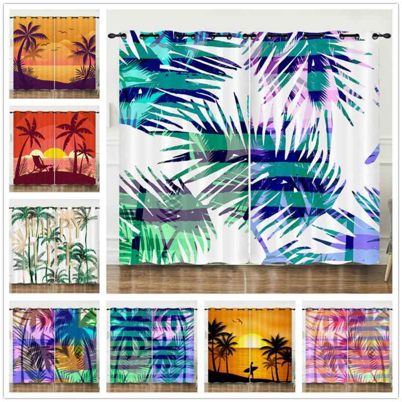 遮光カーテン 熱帯雨林 ボタニカル柄 ヤシ バナナリーフ柄 3D デジタルプリント 立体感 半遮光 ドレー..