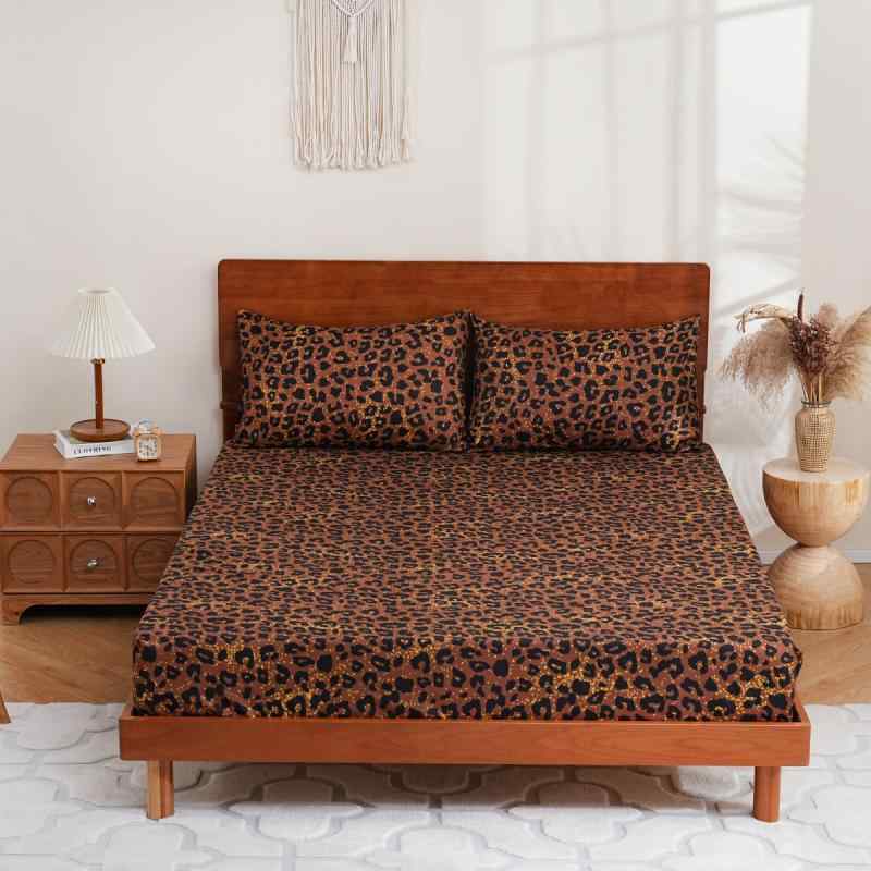 ボックスシーツ ベッドシーツ マットレスカバー ゴールド ブラウン 金茶色 ヒョウ柄 アニマル柄 ポリエ..