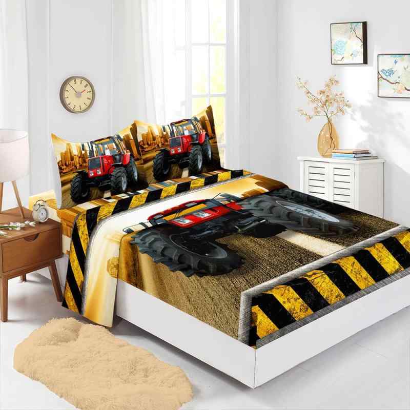 寝具セット ボックスシーツ フラットシーツ 枕カバー 4点セット デジタルプリント トラック柄 ポリエス..