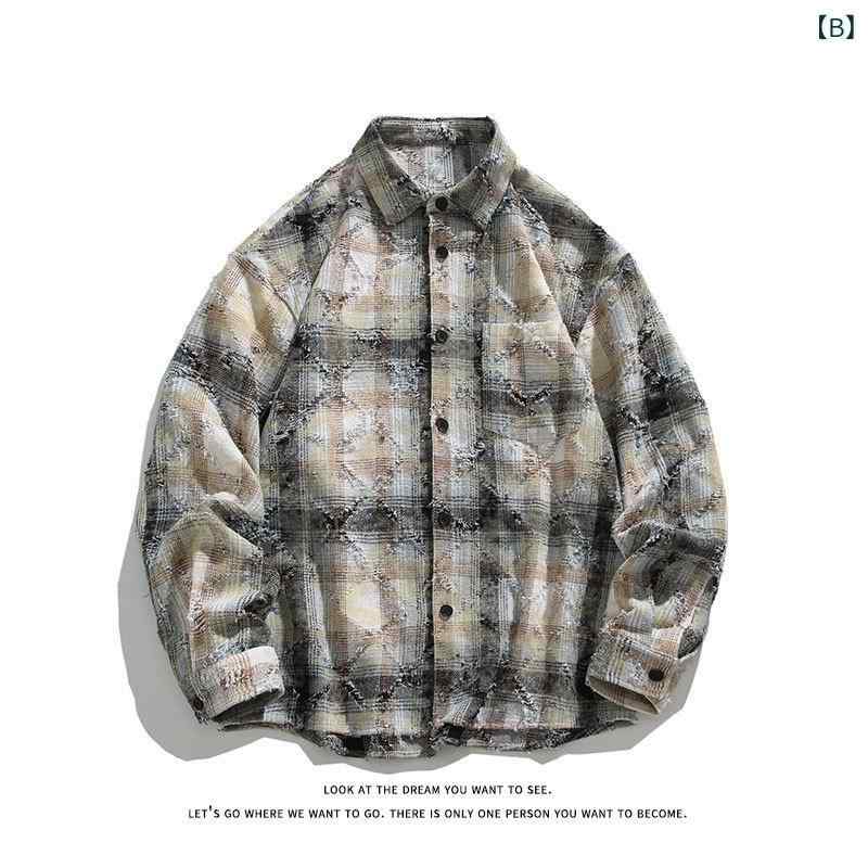 シャツ メンズ 春秋 アメリカン ハイストリート トレンド チェック柄 長袖 ゆったり ルーズフィット カジュアル トップス ポリエステル 綿混 ノーアイロン 普段使い デイリーユース