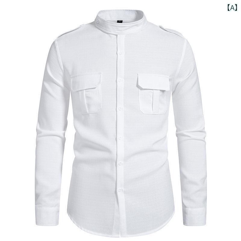 シャツ メンズ ヘンリーネック ダブルポケット チャイナ風 カジュアル 長袖 綿混 ポリエステル混 イージーケア 普段着 ワークスタイル 秋冬 無地 前開き