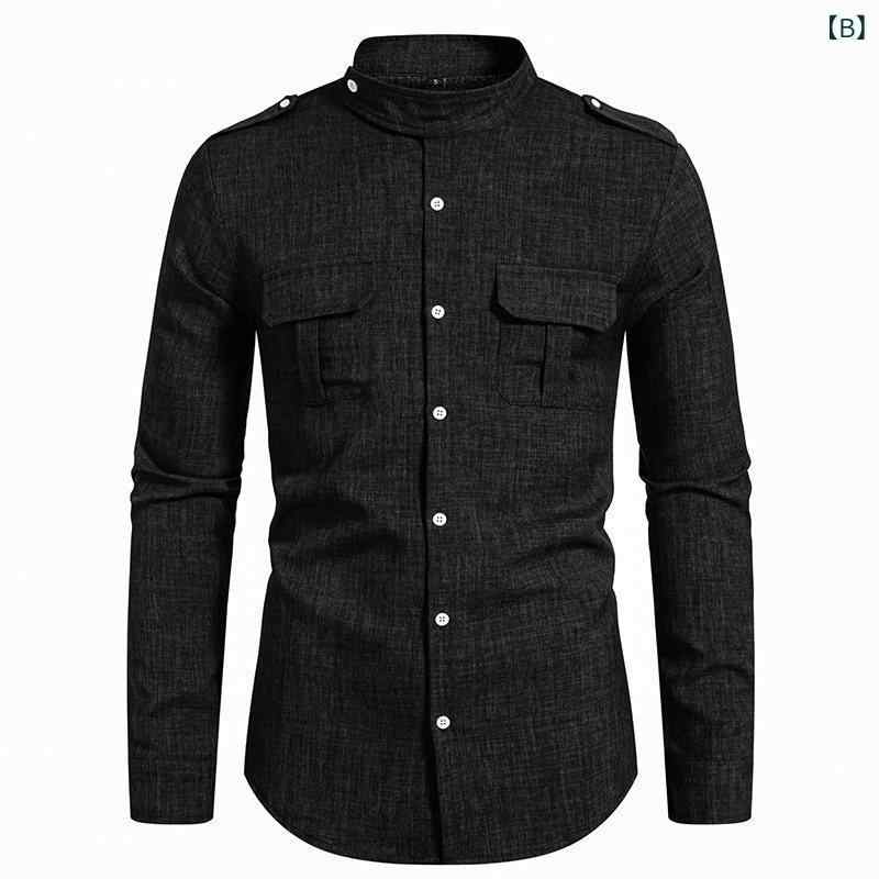 シャツ メンズ ヘンリーネック ダブルポケット チャイナ風 カジュアル 長袖 綿混 ポリエステル混 イージーケア 普段着 ワークスタイル 秋冬 無地 前開き