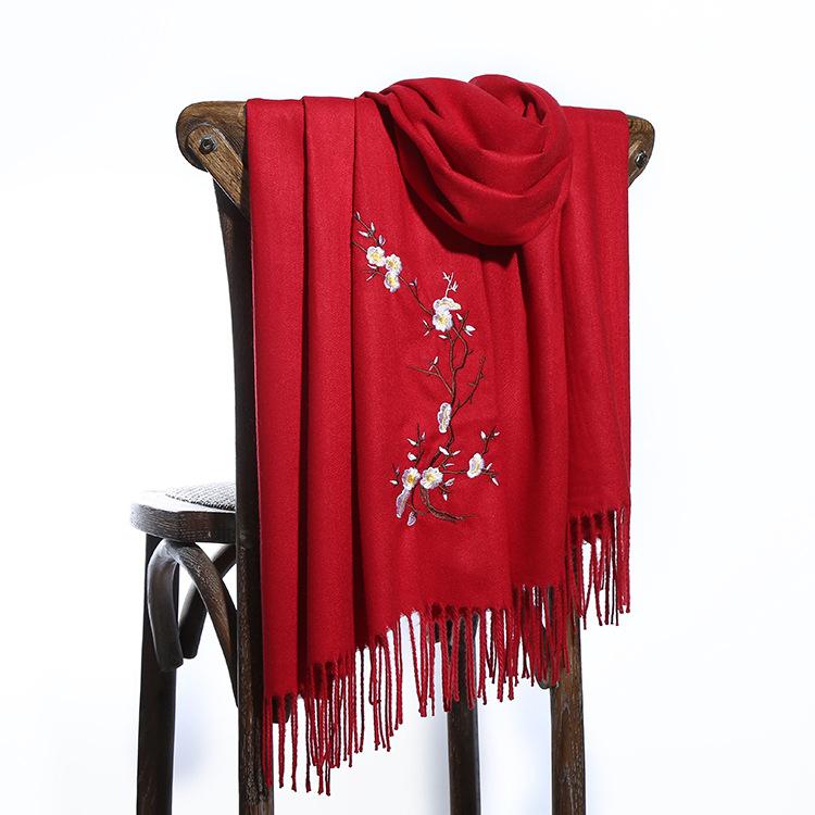 マフラー レディース フェイクカシミヤ 梅の花 刺繍 無地 フリンジ 大判 ショール ストール ネックウォ..
