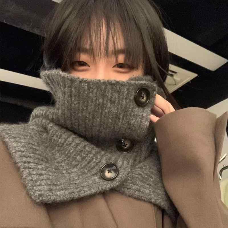 ネックウォーマー レディース フェイクカシミヤ ニット フード付き ボタン付き 無地 防寒 保温 暖かい ..