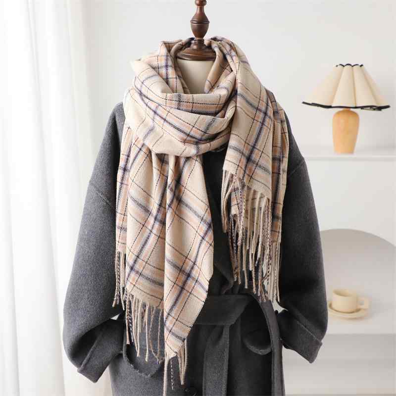 ストール 男女兼用 フェイクカシミヤ 大判 チェック柄 マフラー ショール 保温 あったか フリンジ ポリ..