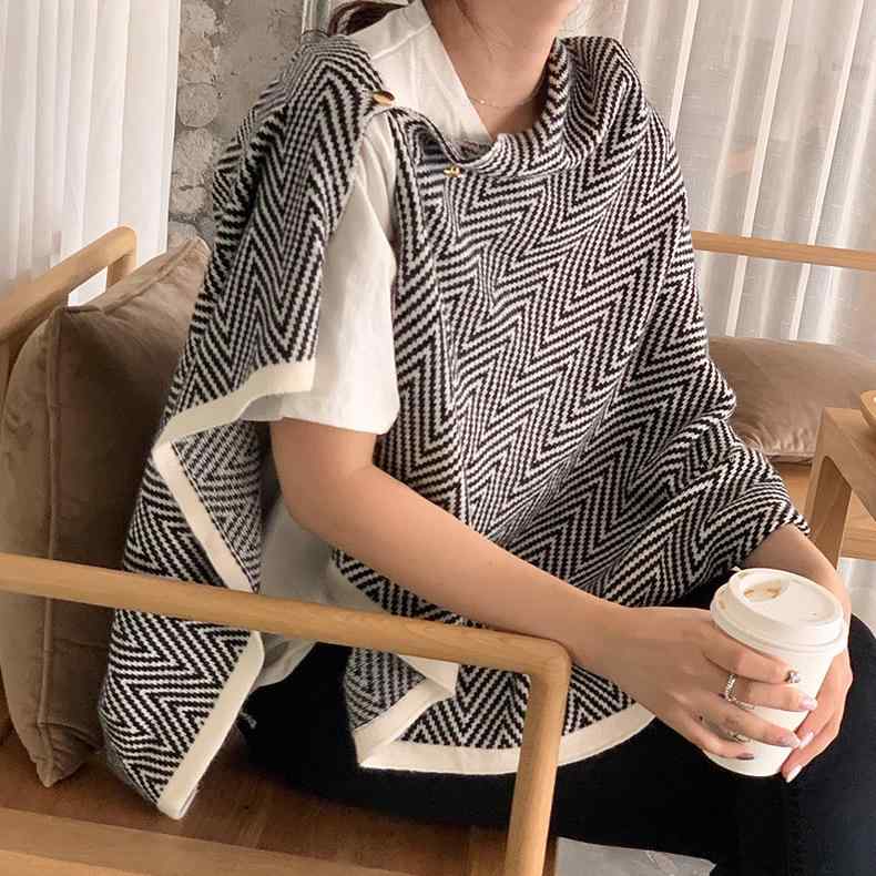 ストール マフラー ショール 2WAY ボタン付き 大判 ライン柄 フェイクカシミヤ 厚手 保温性 防寒 冷房..